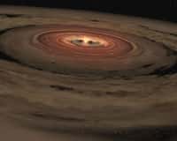 Une vision d'artiste du disque protoplanétaire de notre Système solaire. Les planètes qui y naîtront bouclent leurs orbites dans le même sens, celui de la rotation du Soleil sur lui-même. Les lois de la mécanique imposent que le nuage qui s'est effondré gravitationnellement pour donner ce disque devait être en rotation. © Nasa,&nbsp;JPL-Caltech