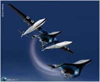 Le SpaceShipTwo de Virgin Galactic largué en vol par le WhiteKnightTwo, l'avion porteur. Crédit Virgin Galactic