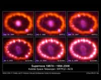 La supernova 1987A était une SN II. L'onde de choc de la matière éjectée rejoint une coquille de matière dont elle provoque l'illumination. Crédit : Nasa