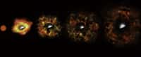Une vue d'artiste de la formation supernova ratée avec N6946-BH1 qui est en fait devenue presque directement un trou noir. La supergéante rouge aurait bien explosé mais la majorité de sa matière n'aurait pas été éjectée, devenant un trou noir accrétant la matière restante et brillant dans le domaine des rayons X. © Nasa, ESA et P. Jeffries (STScI)
