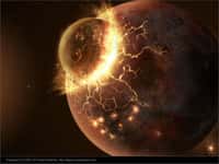 Une représentation d'artiste de la collision de Théia avec la Terre. La collision aurait engendré la création de la Lune. Par ailleurs, l'analyse de l’eau contenue dans des roches lunaires montre qu'elle a la même origine que celle de la Terre. Ce résultat suggère que l'origine de l'eau est liée aux chondrites, plus qu'aux comètes. © Fahad Sulehria