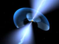 Le centre de ce trou noir supermassif poussiéreux est entouré par un disque d'accrétion (jaune). Le tore de poussières est représenté en bleu. Deux jets émanent des régions intérieures. © Esa Nasa, Projet AVO et Paolo Padovani