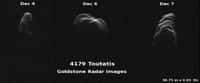 Les dernières observations radar de l'astéroïde Toutatis, effectuées depuis le site du réseau Deep Space de la Nasa à Goldstone (États-Unis) début décembre, montrent les formes irrégulières et très allongées qu'on lui connaît. © Nasa