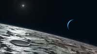 Cette vue d'artiste montre la surface de Triton modelée par le cryovolcanisme. Une atmosphère d'azote très ténue est enrichie par du méthane et du monoxyde de carbone libérés par sublimation, un phénomène bien présent malgré l'éloignement du Soleil. Dans quelques millions d'années, Triton, qui ne cesse de se rapprocher de Neptune, sera désintégré. Crédit Eso/L. Calçada
