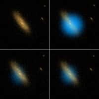 En bleu, le flash ultraviolet enregistré par Galex.En rouge les images prises par Hubble de la galaxie hôte de SNLS-04D2dc. Crédit : Nasa/HST/Cosmos/Galex