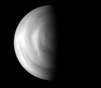 Sur cette image prise par Venus Express le 15 mai 2006 à une distance de 66.500 km, on distingue parfaitement le terminateur de la planète qui sépare l'hémisphère éclairé par le Soleil de celui plongé dans l'ombre. C'est au niveau de cette limite que la sonde a effectué ses mesures de températures atmosphériques. © Esa, MPS, Katlenburg-Lindau