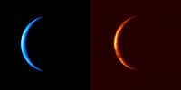 La planète Vénus vue par les instruments d'Akatsuki, dans l'ultraviolet (image de gauche) et le proche infrarouge. © Jaxa