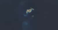 Cette image satellite montre un volcan Hunga Tonga-Hunga Ha'apai intact en avril 2015, des années avant qu’une éruption volcanique sous-marine explosive n’efface la majeure partie de l’île polynésienne en janvier 2022. © Observatoire de la Terre, NASA, Jesse Allen, données Landsat du US Geological Survey