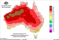 Moyenne des températures maximales en Australie entre décembre 2018 et février 2019. Le pays a subi son été le plus chaud jamais enregistré. © Commonwealth of Australia 2019, Australian Bureau of Meteorology