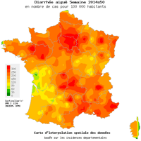 Carte de France de la gastro-entérite (semaine 50). © Réseau Sentinelles, Inserm, UPMC, http://www.sentiweb.fr