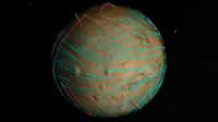 Les points blancs le long de Mars représentent le chemin emprunté par Maven. Les flèches bleues indiquent la direction des vents dans la haute atmosphère martienne. Les lignes rouges représentent la vitesse et la direction locale du vent lors des mesures prisent par Maven. © Nasa Goddard, Maven, SVS, Greg Shirah
