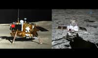 À gauche, l'atterrisseur de la mission Chang'e 4 vu par la caméra panoramique (PCAM) du rover Yutu 2. Inversement à droite : le rover vu par la Terrain Camera (TCAM) de l'atterrisseur. © CNSA/CLEP