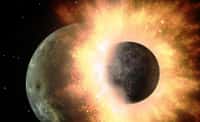 Lors de la collision entre Théia et la Terre, un disque de débris se serait formé autour de notre Planète. Celle-ci (à l'arrière-plan) apparaît avec un océan de magma à sa surface. ©&nbsp;Cosmic Collisions Space Show, Rose Center for Earth and Space, AMNH