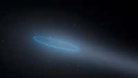 Une vue d'artiste montrant l'astéroïde-comète binaire 288P, situé dans la ceinture d'astéroïdes principale, entre les planètes Mars et Jupiter. L'orbite des deux corps est indiquée par une ellipse bleue. © L. Calçada, ESA, Hubble