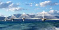 Le pont Rion-Antirion, relie le Péloponnèse à la Grèce continentale&nbsp;qui s’écartent&nbsp;de 1,5 m par siècle environ, un vrai défi sismique. © Guillaume&nbsp;Piolle - CC BY-NC 3.0