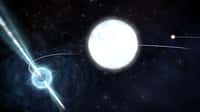 Impression d'artiste du système d'étoile triple PSR J0337+1715, qui est situé à environ 4.200 années-lumière de la Terre. Ce système fournit un laboratoire naturel pour tester les théories fondamentales de la gravité. ©&nbsp;SKA organization