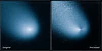 La comète Siding Spring (comète C/2013 A1) observée par le télescope spatial Hubble. L'image de droite a été améliorée et permet de voir ce qui semble être deux jets de poussières sortir de la surface cométaire. © Nasa, Esa, J.-Y. Li (Planetary Science Institute)