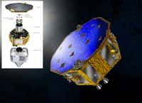 De forme cylindrique et doté d’un panneau solaire hexagonal, le satellite Lisa Pathfinder est large de 2,3 m pour une hauteur d’un mètre et pèse environ 500 kg (mais 1,9 tonne avec le module propulsif). C'est un démonstrateur qui prépare l'ambitieuse mission eLisa, qui comprendra trois engins séparés d'un million de kilomètres. © Esa