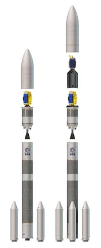 Les deux lanceurs de la famille Ariane 6 ont été officialisés en décembre 2014. Il existe la version à deux boosters (ou propulseurs d'appoint), destinée aux satellites institutionnels, et la version à quatre boosters, pour les marchés commerciaux. © Esa, D. Ducros