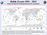 Carte mondiale des entrées d'astéroïdes&nbsp;dans l'atmosphère terrestre recensées par la Nasa depuis 1994. © Nasa