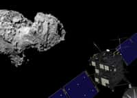 Vue d'artiste de la sonde Rosetta et de la comète Churyumov-Gerasimenko, alias Tchouri. © Rosetta : Esa–J. Huart, 2014 ; Comète : Esa, Rosetta, MPS for Osiris Team