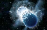 Une étoile à neutrons est un astre très dense résultant de l'effondrement gravitationnel d'une grosse étoile explosant en supernova SN II. Lorsqu'elles sont en couple, les étoiles à neutrons peuvent finir par entrer en collision et fusionner, engendrant une bouffée d'ondes gravitationnelles et une puissante émission d'ondes électromagnétiques dans toutes les longueurs d'onde, dont le visible ; cette émission est détectable sous forme de sursauts gamma. © Dana Berry, SkyWorks Digital