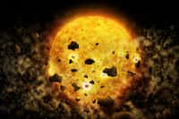 Une vue d'artiste très exagérée de la destruction de jeunes planètes rocheuses par une jeune étoile. © NASA, CXC, M.Weiss&nbsp;