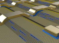 Schéma de principe d'un circuit comprenant des rubans de graphène interconnectés (atomes en noir) fabriqués par croissance sélective sur des marches gravées dans un monocristal de carbure de silicium (atomes en jaune). Les électrons (en bleu) ont une trajectoire balistique le long des rubans, puis se déplacent d'un ruban à l'autre par les contacts métalliques. Le courant est modulé par des grilles électrostatiques. © John Hankinson, Georgia Institute of Technology 