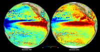 À gauche, El Niño en 1997 (ceinture d’eaux plus chaudes que la moyenne dans le Pacifique). À droite, El Niño en 2015, le plus puissant depuis celui de 1997. © Aviso, Cnes, CLS 2015