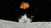 Vue d'artiste du tir de projectile sur la surface de l'astéroïde Ryugu par la sonde japonaise Hayabusa-2. Des charges explosives ont été déclenchées pour le propulser. © Japan Aerospace Exploration Agency (Jaxa)