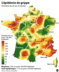 La France a dépassé le seuil épidémique. Cette carte représente le nombre de cas de grippe pour 100.000 habitants selon les différentes régions, la semaine du 25 au 31 janvier 2016. © idé