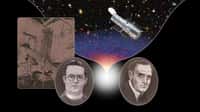 Cette illustration montre Edwin Hubble (1889-1953), à droite, et Georges Lemaître (1894-1966), à gauche. Le télescope sur la gauche est le télescope Hooker du mont Wilson en Californie. Le télescope spatial Hubble est sur la droite. © Nasa, Esa, A. Feild 