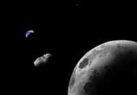Vue d'artiste du quasi-satellite terrestre Kamoʻoalewa près du système Terre-Lune. À l'aide du grand télescope binoculaire, les astronomes ont montré qu'il pourrait s'agir d'un fragment perdu de la Lune. © Addy Graham, University of Arizona