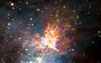 D'énormes explosions d'étoiles ont été observées. Voici une image composite (VLT et Alma) de l’évènement au sein du nuage moléculaire d’Orion (OMC-1). © Alma (ESO, NAOJ, NRAO), J. Bally, H. Drass et al.