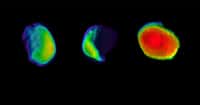 Trois vues de Phobos, lune de Mars, prises en l'espace de trois ans par la caméra infrarouge de la sonde 2001 Mars Odyssey. © NASA/JPL-Caltech/ASU/SSI