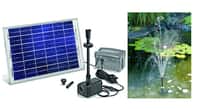 Kit pompe jet d’eau solaire avec capteur cristallin de 20 Wc. Tension de service 12 ou 24 V, courant de fonctionnement 400/800 mA. Débit maxi à plein soleil 900 l/h en 12 V et 1.500 l/h en 24 V. Hauteur maxi de refoulement 0,80 à 2,30 m. Livré avec batterie, 2 x 5 m de câbles (connexions batterie et module solaire), prix TTC : 259 € le kit. Ref. Siena LED © solairepratique.com