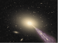 Vue d'artiste d'une galaxie elliptique géante avec un jet à haute énergie, tel que la quasar 3C 273.&nbsp;© Alma&nbsp;(ESO/NAOJ/NRAO)