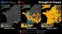 L'évolution de la sécheresse en France au cours des mois de février 2021, 2022 et 2023 : le déficit de pluie était de -20% en 2021 et il a atteint -74% en 2023. © Copernicus