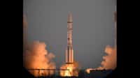 Un lanceur Proton-M a décollé de Baïkonour (Kazakhstan) ce lundi 14 mars à 9 h 31 TU (10 h 31 en heure française métropolitaine), emportant la mission ExoMars 2016, avec l'orbiteur TGO et la capsule Schiaparelli. © Esa