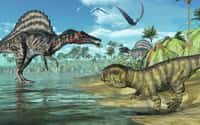 Un combat aurait eu lieu entre un Psittacosaurus (à droite dans l'image) avec un grand mammifère, un Repenomamus. © AlienCat, Adobe Stock
