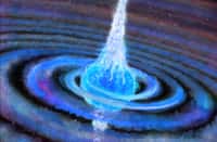 Cette illustration montre une étoile massive qui est sur le point d'exploser. L'explosion sera déclenchée après que son compagnon, une étoile morte (un trou noir ou une étoile à neutrons) ait plongé dans le noyau de l'étoile. En entrant dans les couches de l'étoile, l'astre compact effectue une orbite en spirale éjectant également une spirale de matière de l'atmosphère de l'étoile pendant quelques siècles. Lorsqu'il a atteint le noyau de l'étoile, la matière du noyau tombe rapidement sur le cadavre stellaire, ce qui conduit au lancement d'une paire de jets presque à la vitesse de la lumière. © Chuck Carter 