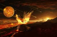La Terre primitive a été bombardée de météorites. Hormis la Lune, représentée à gauche dans le ciel, un corps riche en soufre semblable à Mercure a pu être englouti par la Terre, selon une récente étude publiée dans Nature. © Ron Miller, International space art network