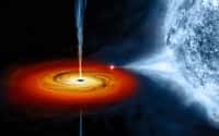 Une vue d'artiste d'un trou noir stellaire avec le disque d'accrétion qu'il arrache avec ses forces de marée à une étoile compagne. Une partie de la matière accrétée ne traverse pas l'horizon des événements et est éjectée sous forme de jets. © Nasa, CXC, M. Weiss