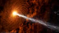 Une vue d'artiste du jet de particules d'un quasar, avec des neutrinos. © Benjamin Amend