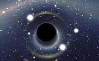 Image simulée d’un trou noir stellaire qu'un observateur situé à une dizaine de kilomètres (neuf fois le rayon du trou noir) verrait et dont l’image se dessine en direction du Grand Nuage de Magellan par des effet de lentille gravitationnelle. © Alain Riazuelo, CC by-sa 2.5