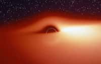 Le champ de gravitation d'un trou noir stellaire entouré d'un disque d'accrétion chaud et lumineux déforme fortement l'image de ce disque. On peut s'en rendre compte avec cette image, extraite d'une simulation de ce que verrait un observateur s'approchant de l'astre compact selon une direction légèrement inclinée au-dessus du disque d'accrétion. La partie du disque située derrière le trou noir semble tordue à 90° et devient visible. Jean-Pierre Luminet a fait la première simulation de ces images en 1979. © Jean-Pierre Luminet, Jean-Alain Marck&nbsp;