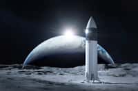 La Nasa envisage un atterrissage lunaire avec équipage dès 2026. Ici, un vaisseau spatial sur la surface de la Lune avec la planète Terre en toile de fond (éléments de cette image fournis par la Nasa). © Paopano, Adobe Stock