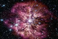 L'étoile lumineuse et chaude Wolf-Rayet 124 (WR 124) est proéminente au centre de l'image composite du télescope spatial James-Webb combinant des longueurs d'onde de lumière proche infrarouge et infrarouge moyen. L'étoile affiche les pics de diffraction caractéristiques de la caméra proche infrarouge de Webb (NIRCam), causés par la structure physique du télescope lui-même.  Les étoiles d'arrière-plan et les galaxies d'arrière-plan peuplent le champ de vision et se voit à travers la nébuleuse de gaz et de poussière qui a été éjectée de l'étoile massive vieillissante pour couvrir 10 années-lumière à travers l'espace. Une histoire des épisodes de masse passés de l'étoile peut être lue dans la structure de la nébuleuse. Plutôt que des coquilles lisses, la nébuleuse est formée d'éjections aléatoires et asymétriques. Des bouffées lumineuses de gaz et de poussière apparaissent comme des têtards nageant vers l'étoile, repoussées par le vent stellaire. © Nasa, ESA, CSA, STScI, Webb ERO Production Team