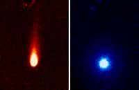 On voit ici des images en fausses couleurs prises à différentes longueurs d’onde dans l’infrarouge avec l’Infrared Array Camera de Spitzer. Elles montrent les fortes émissions de gaz de la comète Ison, que certains appellent la comète «&nbsp;soda&nbsp;». Du gaz carbonique et de la poussière « pétillent » en effet de la comète en formant une queue d’environ 300.000 km de long.&nbsp;© Nasa