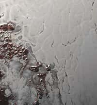 Une portion large de 400 km de la plaine Spoutnik imagée avec Ralph/MVIC (Multispectral Visible Imaging Camera), le 14 juillet 2015. À gauche, les montagnes de glace d’eau bordant la vaste étendue nappée de glace d’azote. On y distingue la forme bombée des cellules de convection. © Nasa, JHUAPL, SwRI